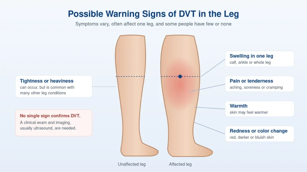 Common warning signs of deep vein thrombosis in the leg